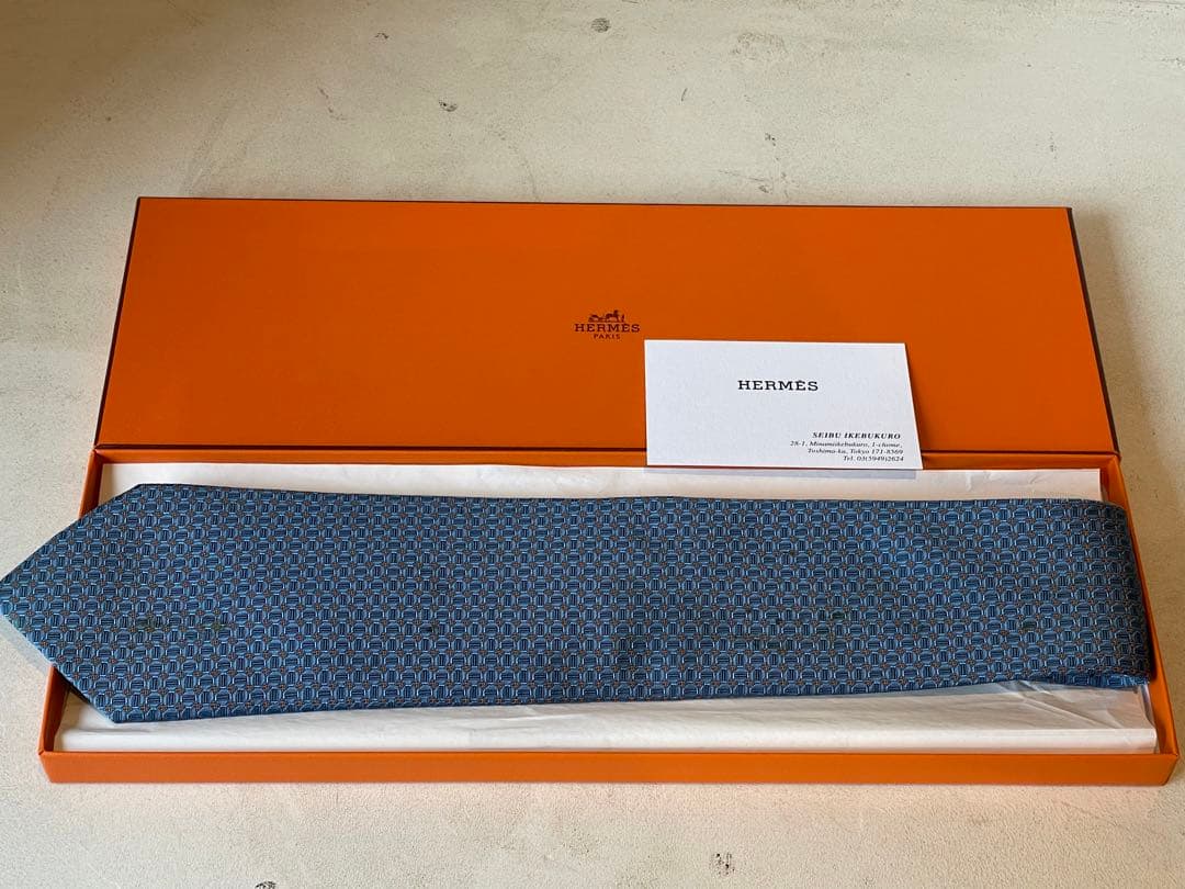 【美品】HERMES H総柄 シルクネクタイ スカイブルー　オレンジ