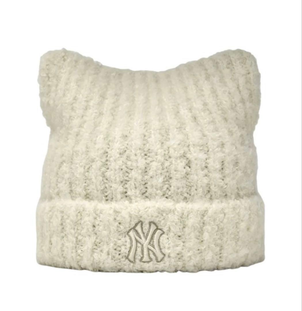 【新品】MLB 韓国限定 ビーニー 猫耳 ニット帽 カリナ着用 クリーム 紐なし