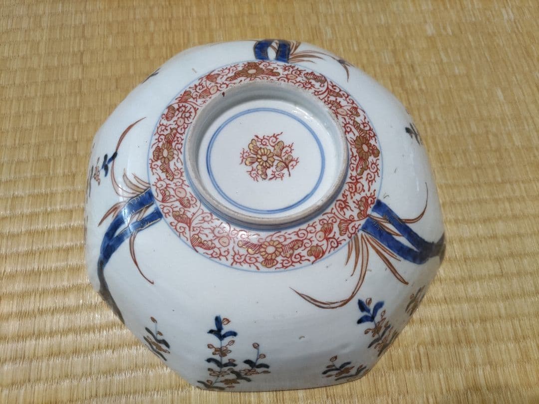 時代！金唐草花籠図　古伊万里 金彩 色絵 八角鉢（対角径27cm）花銘