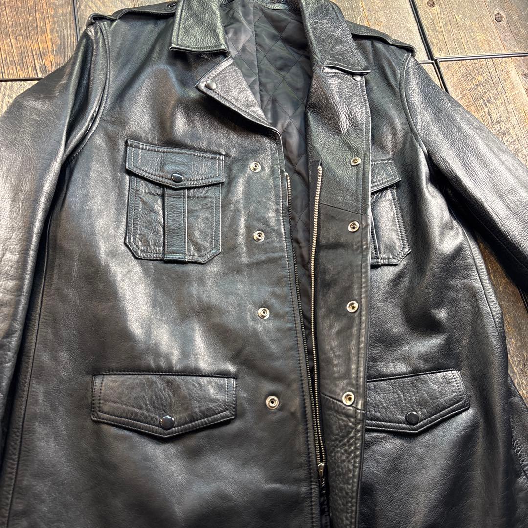 古着　本革　ポリスマンジャケット　カウハイド　ブラックライダース　ハーフジャケ.