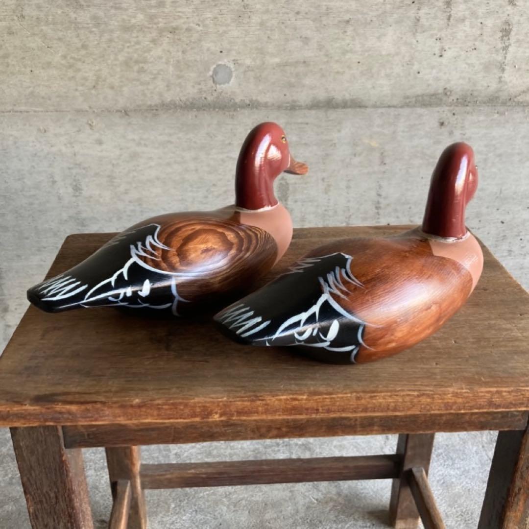鴨 鳥 置物 オブジェ デコイ 大型 木製 ウッド 2点 レトロ ヴィンテージ