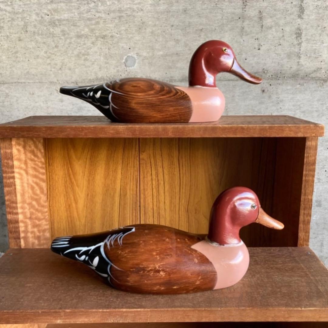 鴨 鳥 置物 オブジェ デコイ 大型 木製 ウッド 2点 レトロ ヴィンテージ