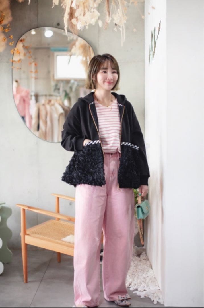 美品　make-ai フラワーチュールパーカー　チェック　ペプラム　フリル