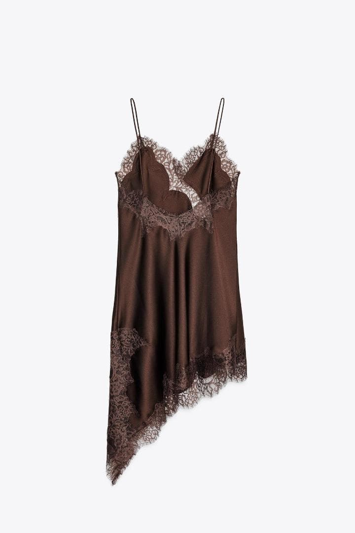 新品! ZARA アシンメトリーレースワンピース ブラウン S