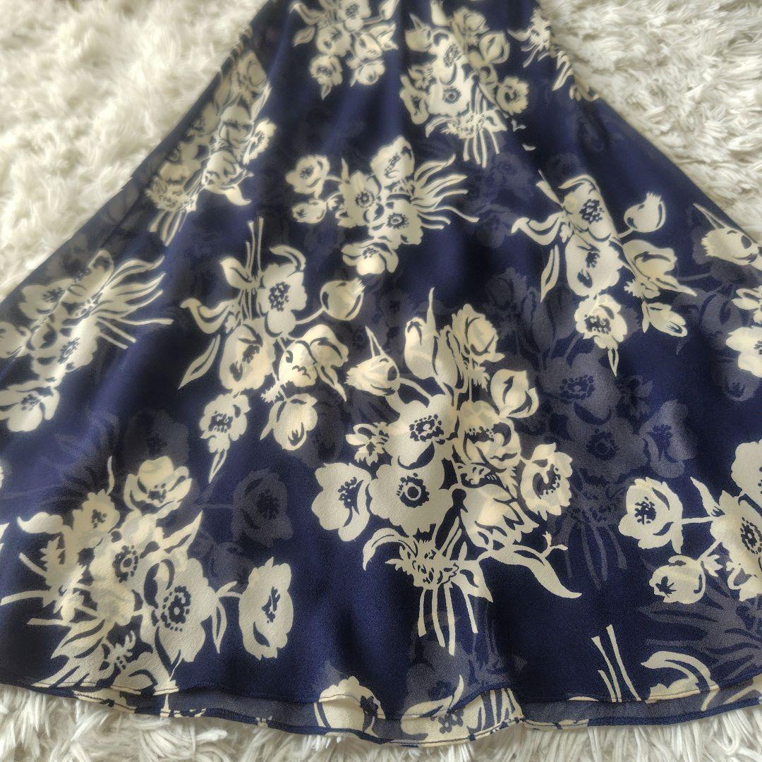 【極美品♡シルク100%】ラルフローレン　フローラルシフォンワンピース　紺　9