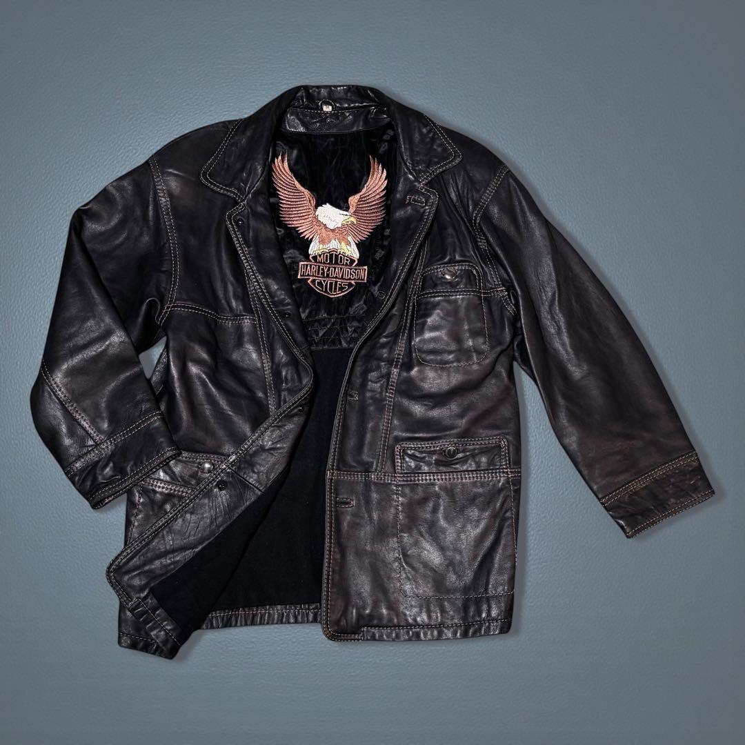 HARLEY-DAVIDSON ブラック レザージャケット カーコート M 刺繍