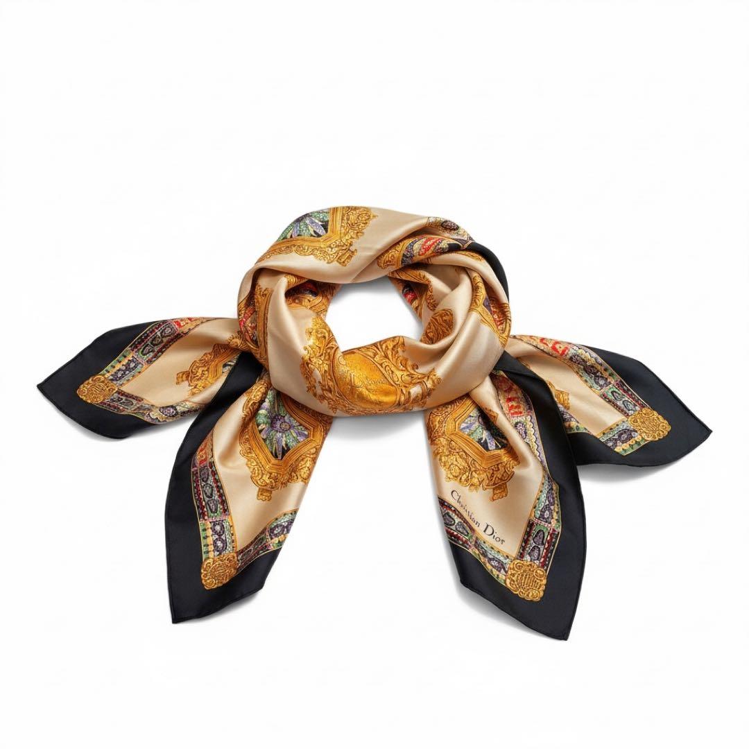 【希少/美品】Christian Dior スカーフ シルク 額縁柄 金