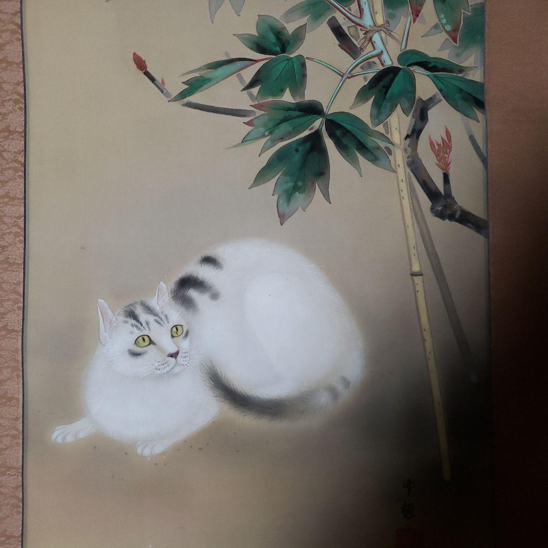 紗*月様 白い猫と牡丹の掛軸