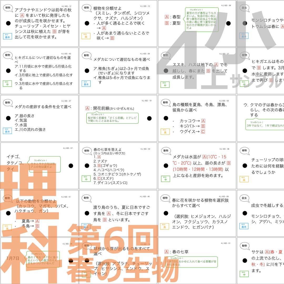 中学受験 暗記カード【4年生向け 理科上下 生物全セット】植物,動物
