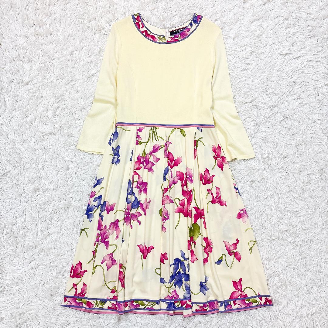 カンカン【極美品】レオナール 花柄ドッキングワンピース トリム アイボリー 40