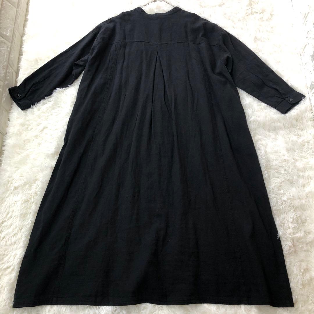 ソウルベリー✨ちょっぴり大胆な、黒のワンピース 綿麻 M バンドカラー