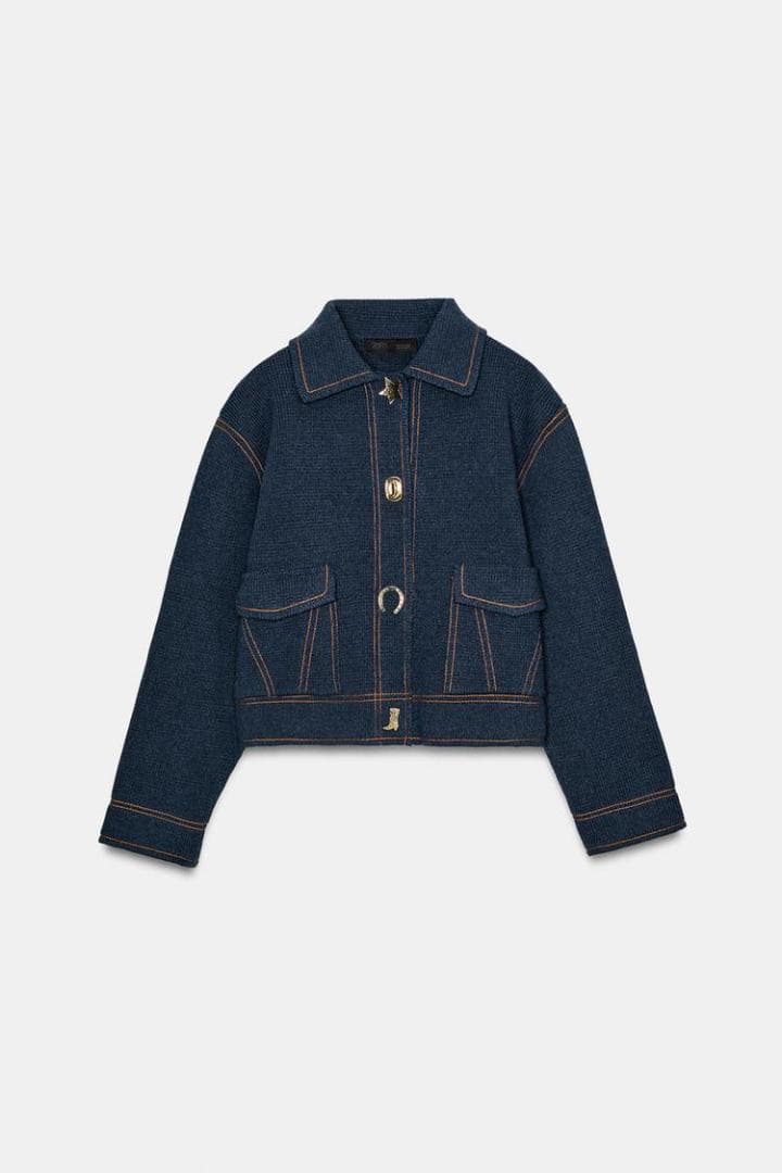 ZARA コントラストボタン付きニットジャケット カーディガン ブルー M