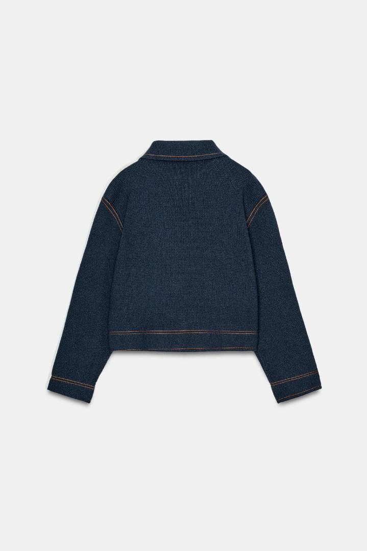 ZARA コントラストボタン付きニットジャケット カーディガン ブルー M