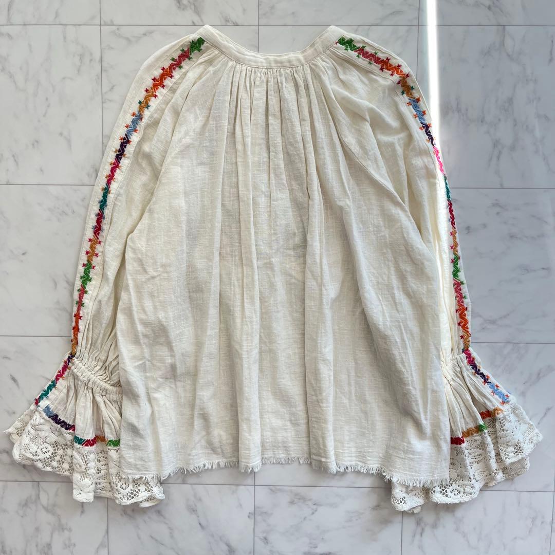 Fread インド綿　刺繍ブラウス　トップス　長袖エスニック　フレア袖