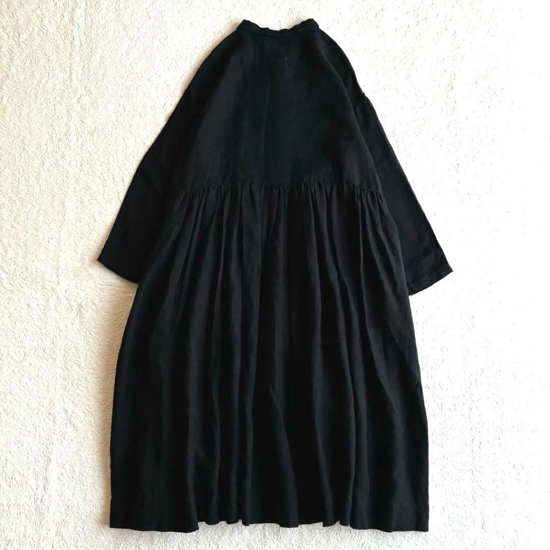 極美品 Gauze# リネン100スイッチングギャザーワンピース 長袖 ちび襟