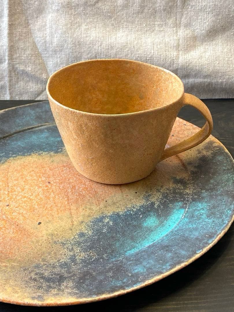 藤本羊子　Bオレンジターコイズブルー　大皿　作家もの　手びねり　プレート　貴重