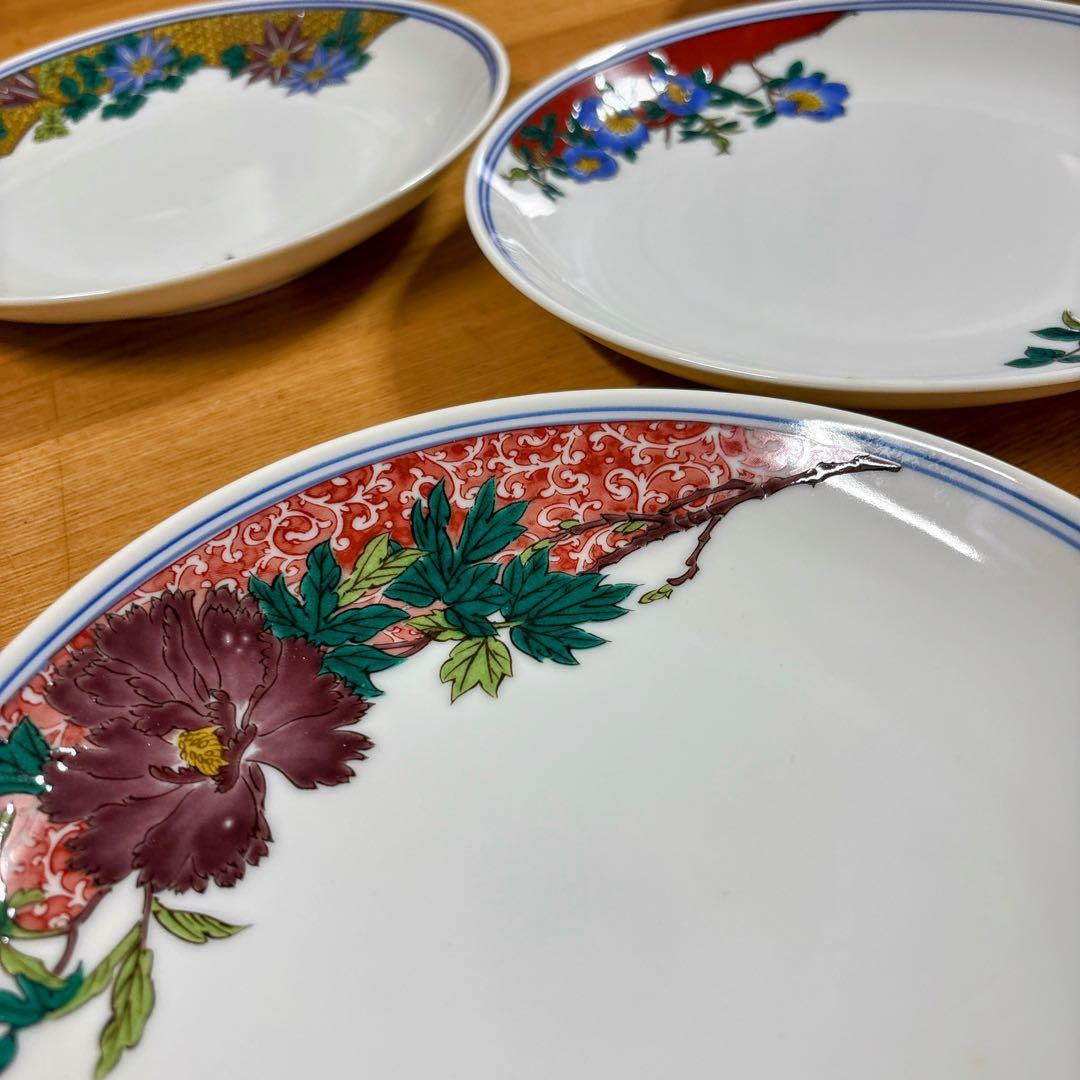 九谷焼　錦栄窯　時代絵　花絵変わり　6号皿揃　中皿　盛皿　19cm