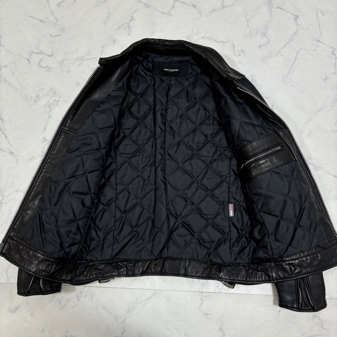 美品 ナノユニバース 羊革 中綿レザー ジャケット Sシングルライダース 黒