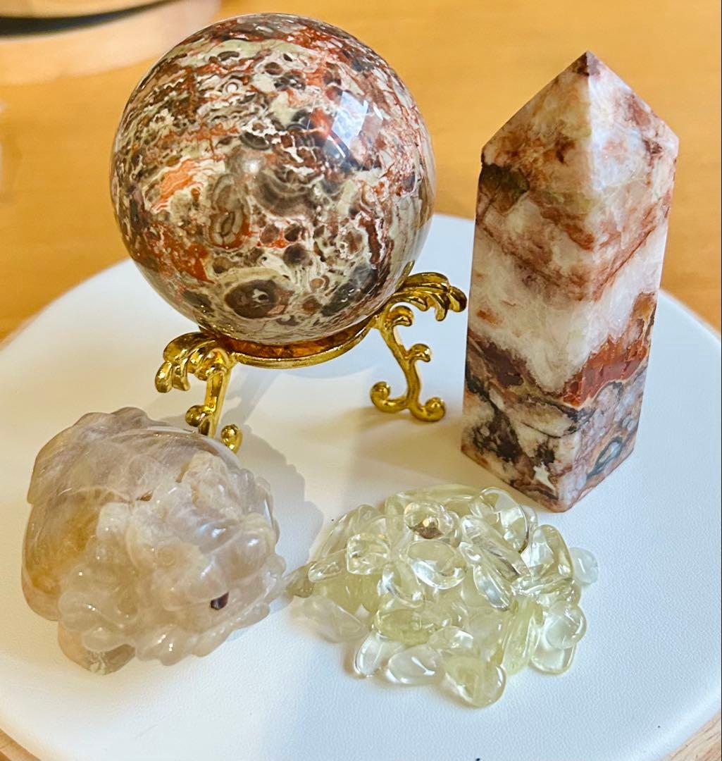 天然石 マネーアゲート スフィア タワー 等 全5点 繁栄・金運 新品未使用