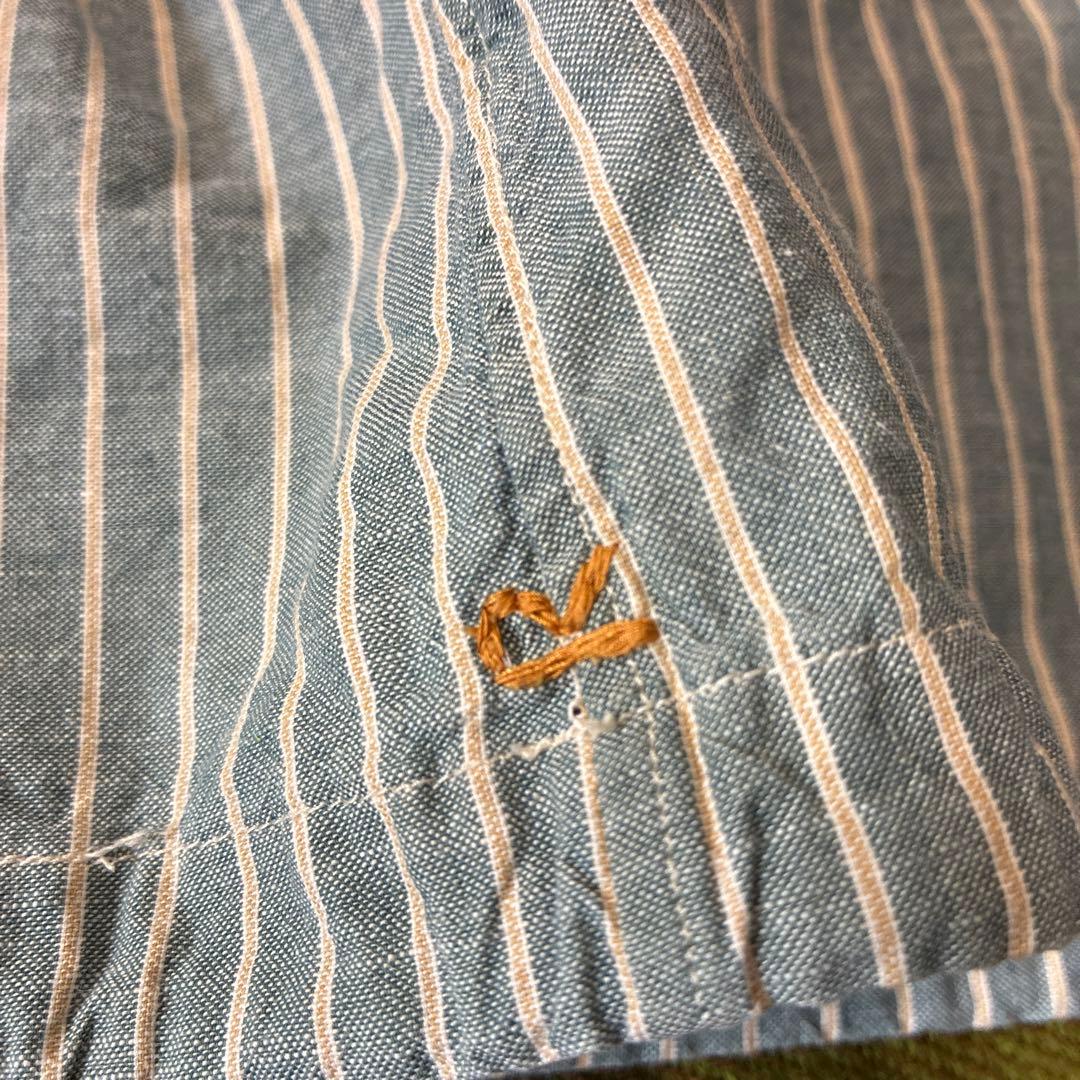 45R インディゴ　ストライプ裾ドロスト　バンドカラーシャツ　ロゴ刺繍　サイズ3