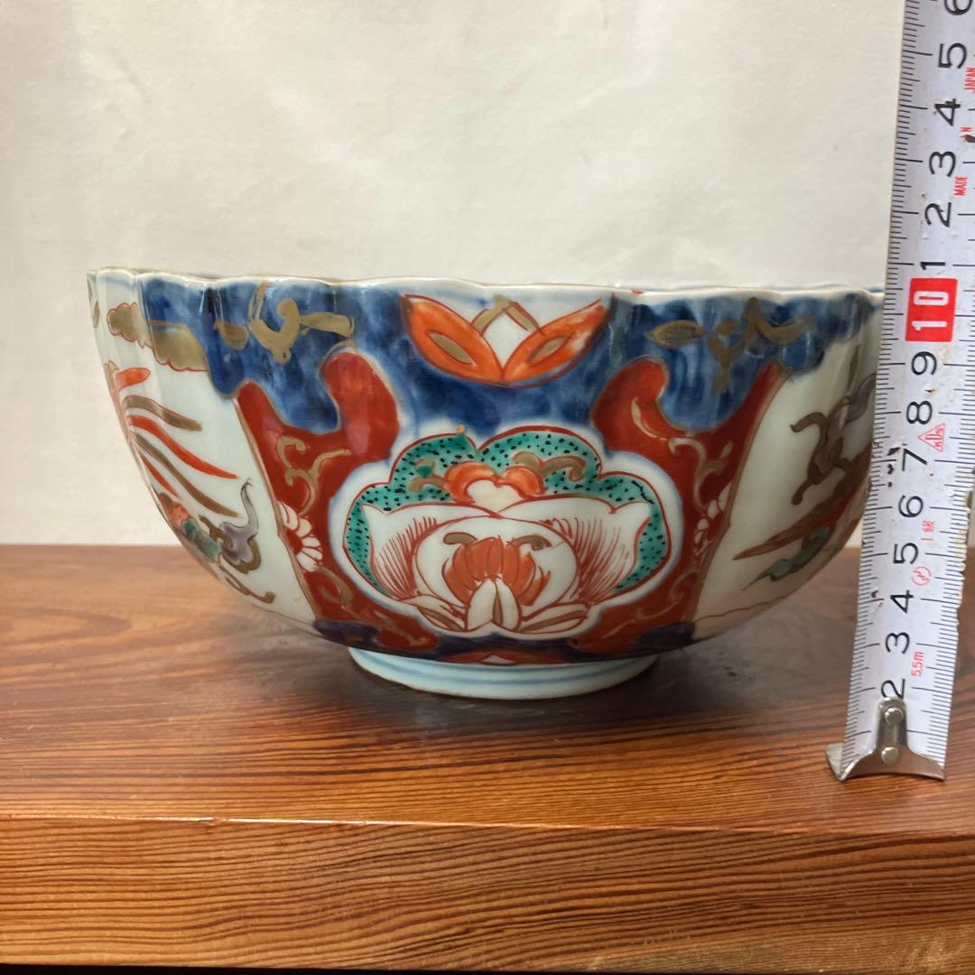 明治伊万里　錦手籠花・鳳凰柄　大鉢　直径22cm 高さ10cm 骨董器　卍銘