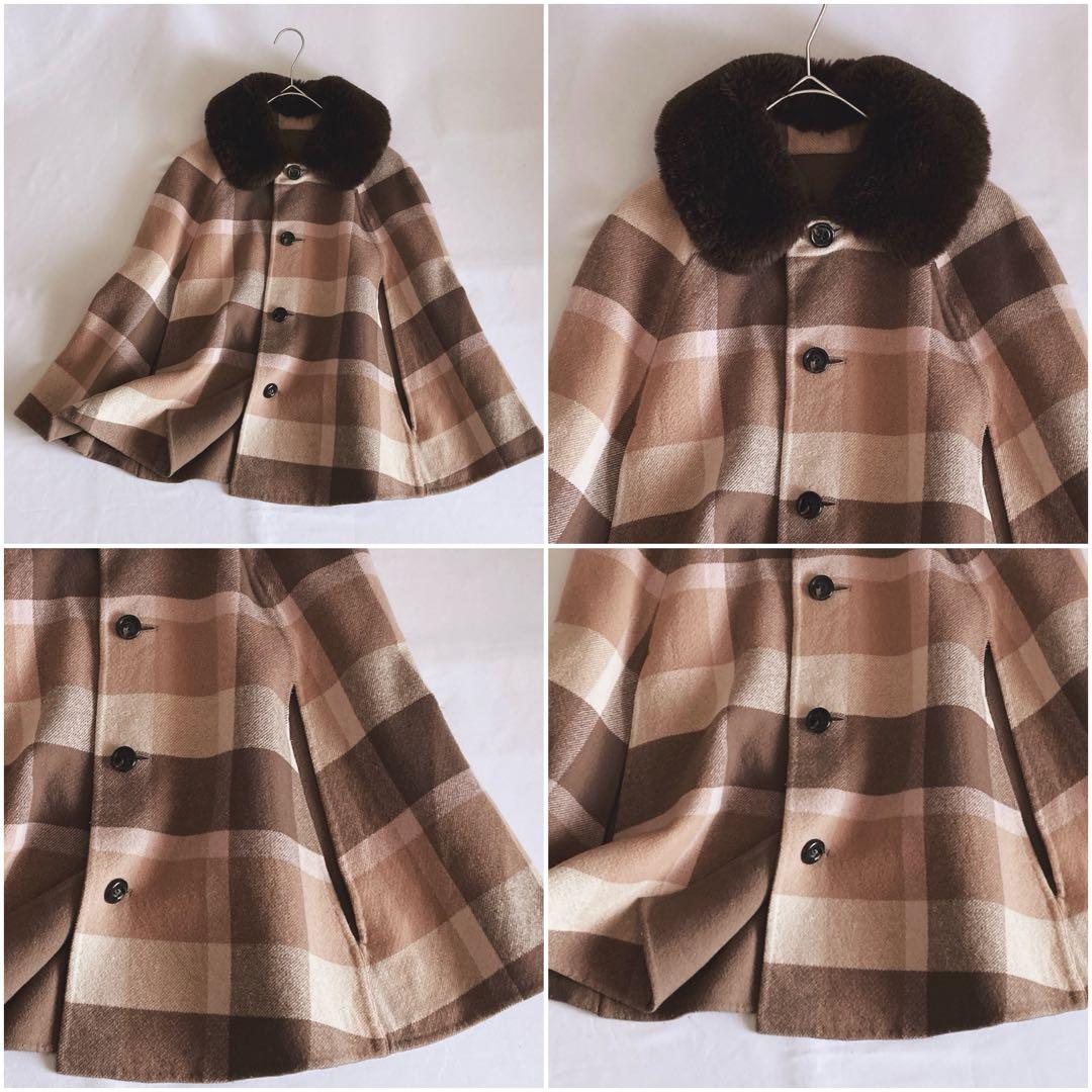 美品 ブルーレーベルクレストブリッジ ファー付きリバーシブルポンチョ 38