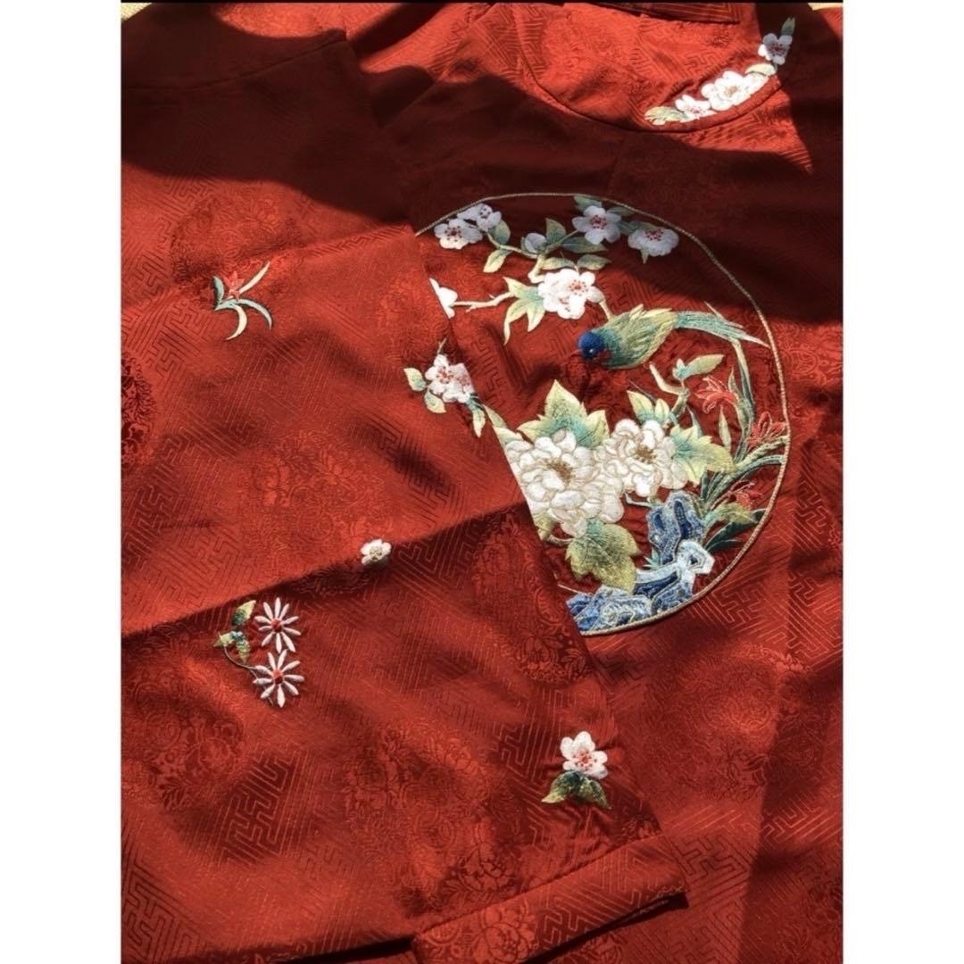 屏風　刺繍琵琶袖丸襟短衫 赤金色長袖アウター　明製漢服　中国伝統衣装　着物和服