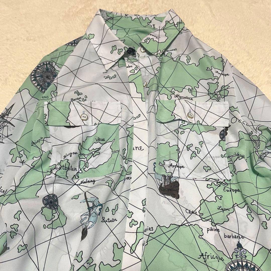 極美品✨ダイアグラム　マッププリントシャツワンピース　グリーン　ベルト付き　38