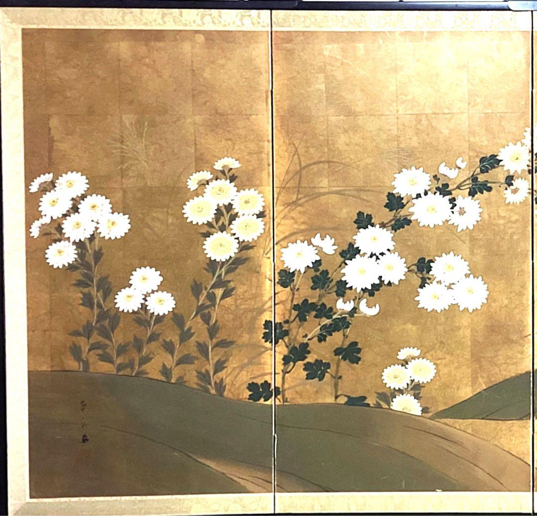 四つ折り屏風　日本画　金箔彩色　『菊花』