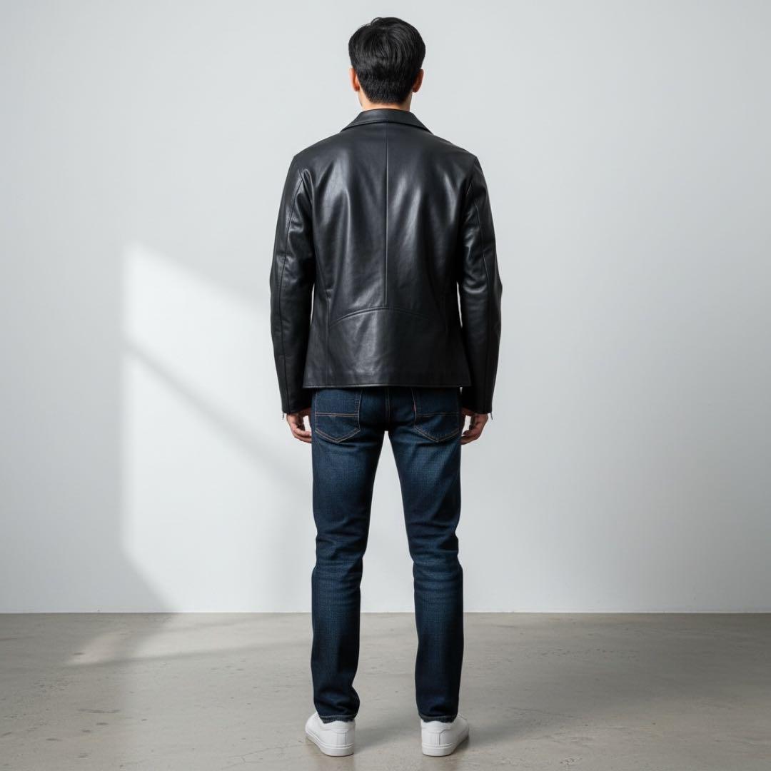 SHIPSブラックレザー　シングルライダースジャケット シンセティックレザー