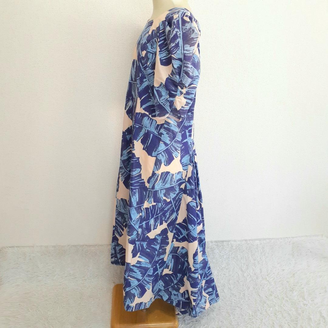 美品◎メネフネプランテーション フラダンス用ドレス ブルー系 青系 リーフ柄
