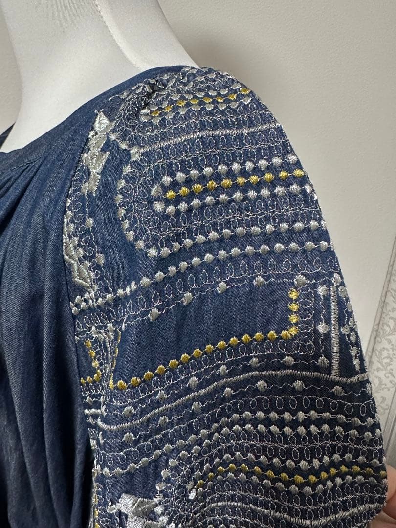 ne Quittez pas ヌキテパ　刺繍　ロングワンピース　インディゴ　棉