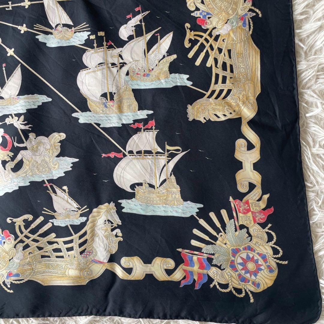 美品☆HERMES エルメス スカーフ カレ90 シルク 光の帆船 ブラック