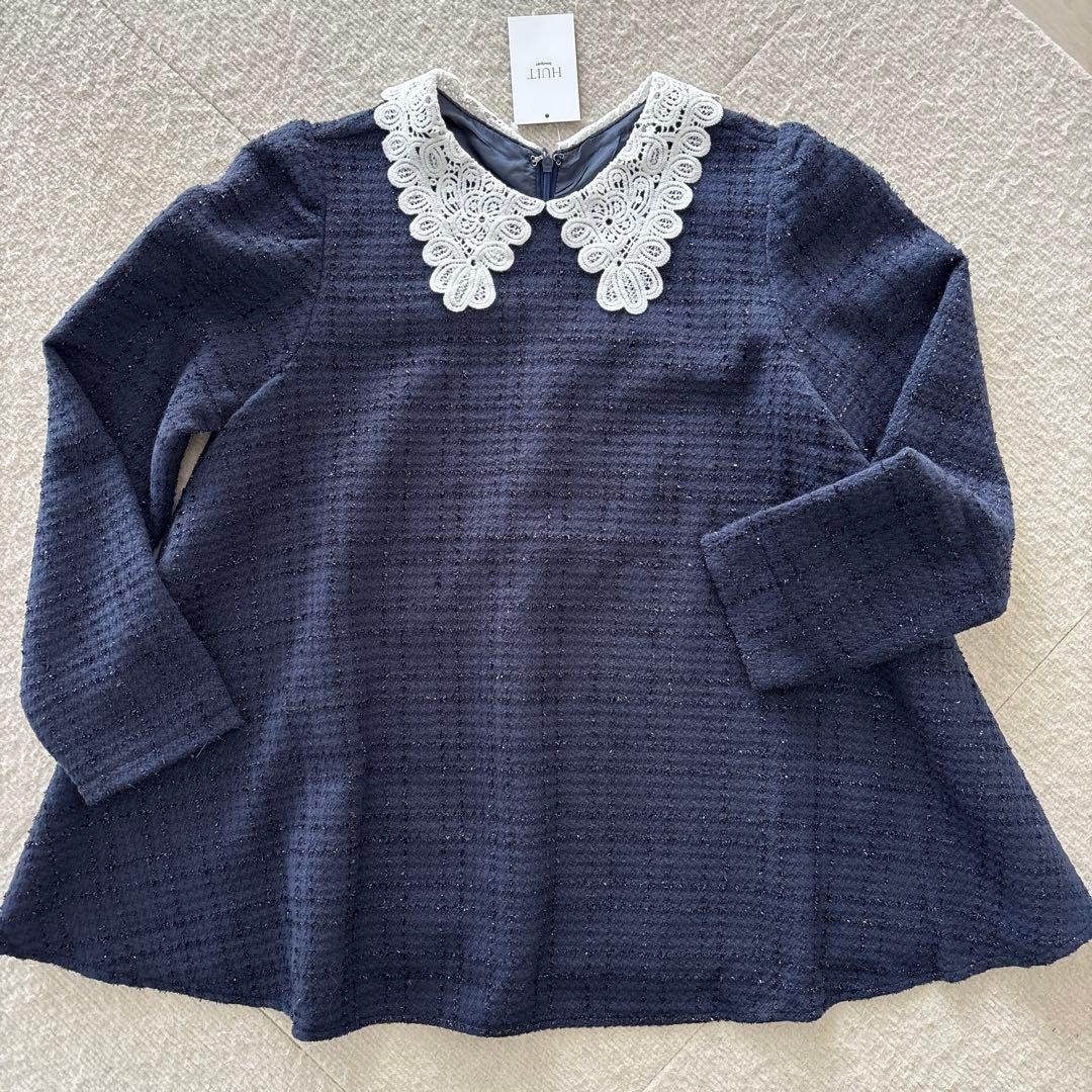 HUIT bouquet レース襟付きスパンコールツイードトップス ネイビーM