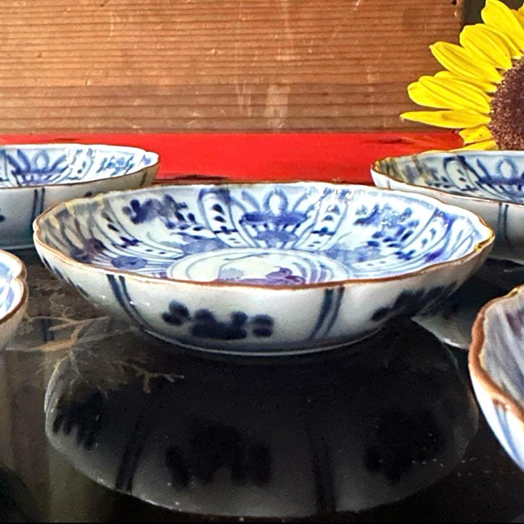 2220様感謝‼️最上手BLUE古伊万里『蓮に五位鷺』手塩皿切支丹5客