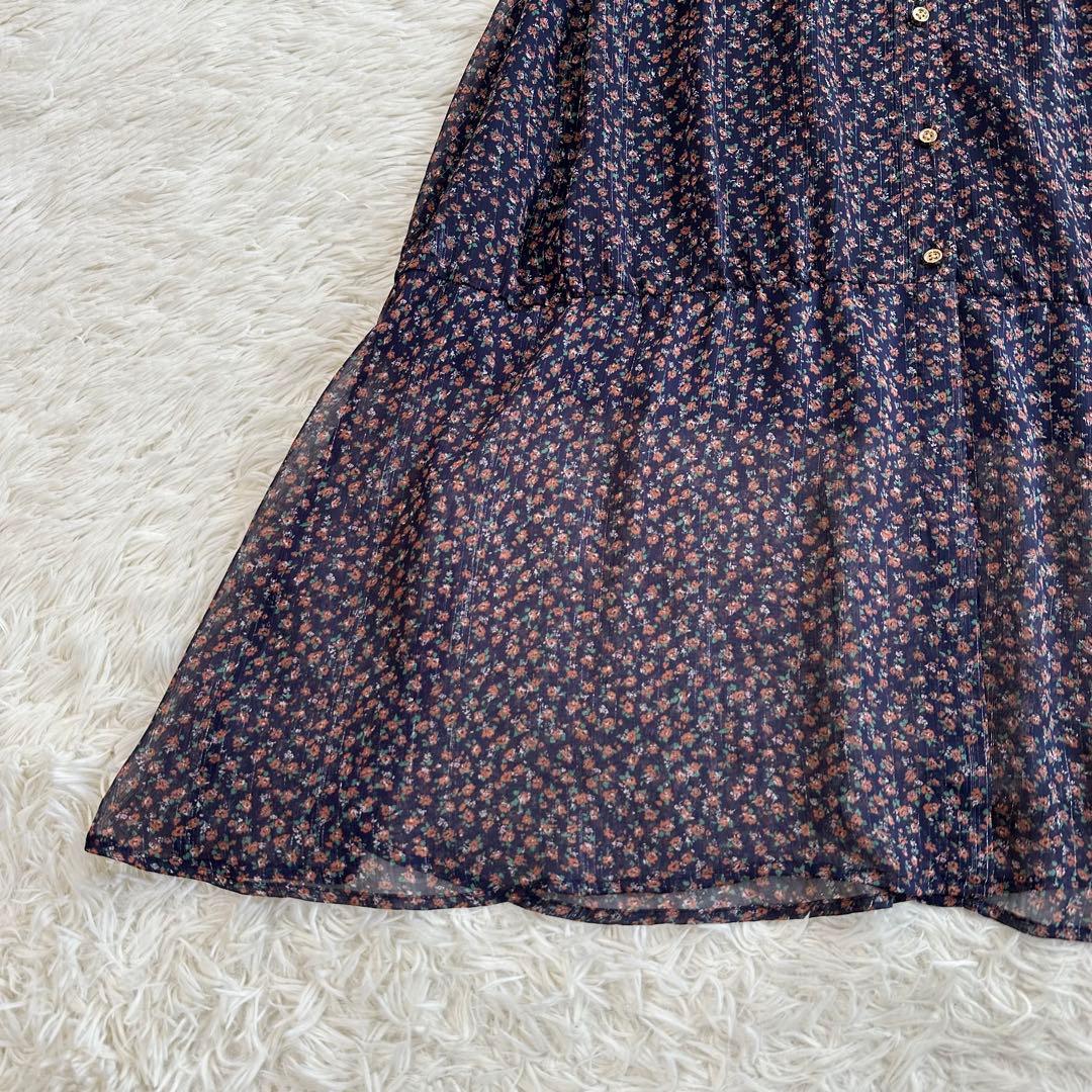 LOVELESS 花柄シアー ロングシャツワンピース ペチコート 金ボタン 紺