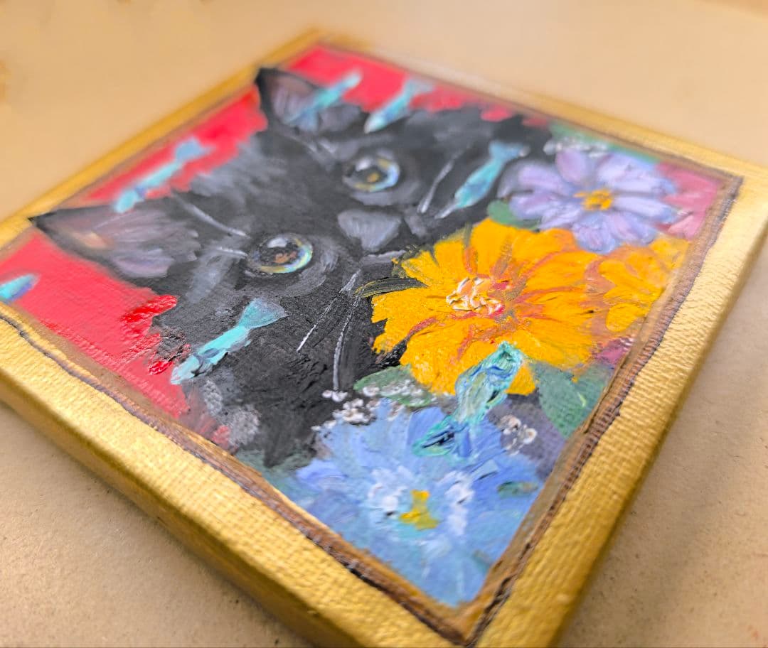「夢見る黒猫」油絵　ミニ絵画　原画　猫　オリジナル　真作　手描き