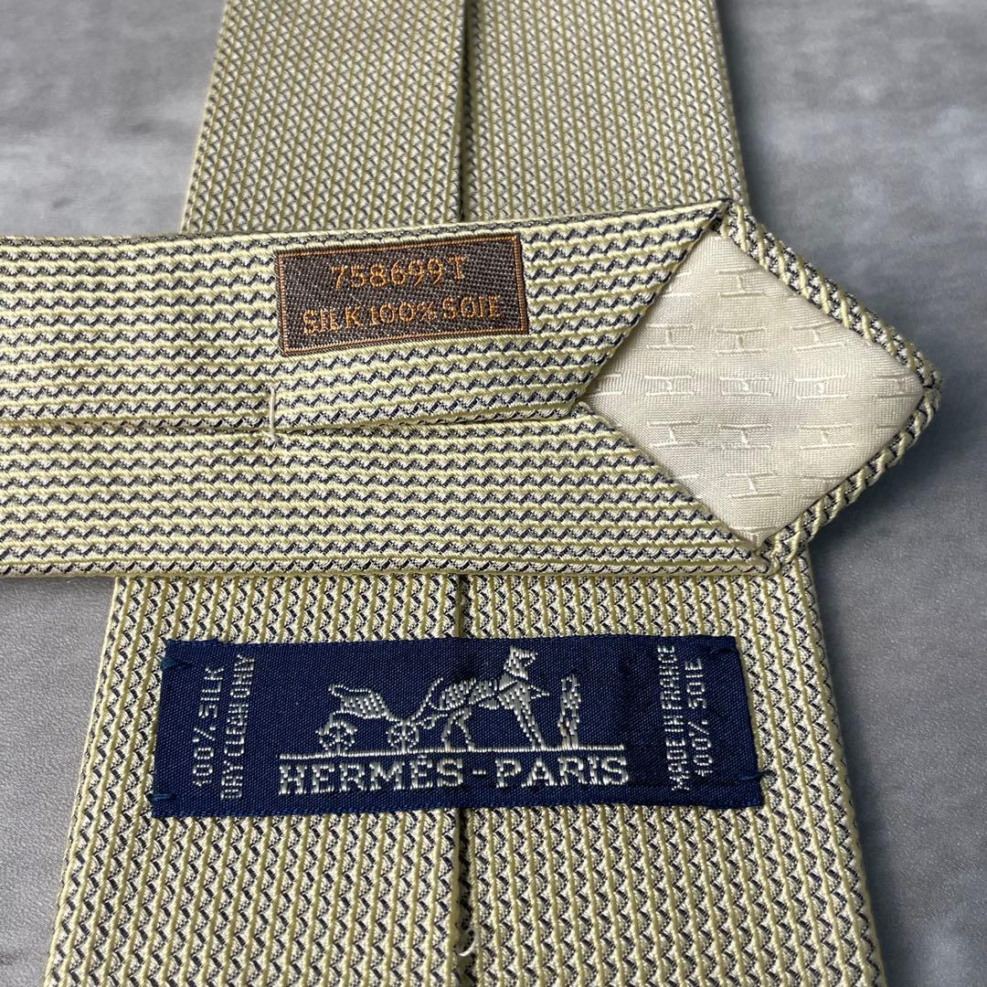 美品 HERMES エルメス ジャガード ソリッド ネクタイ アイボリー 白