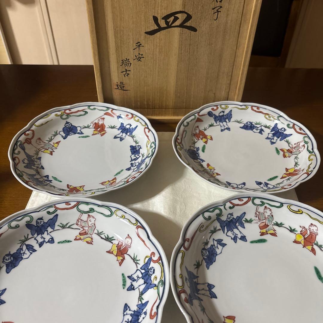 清水焼　京焼　平安瑞古　着彩唐子　皿　5枚