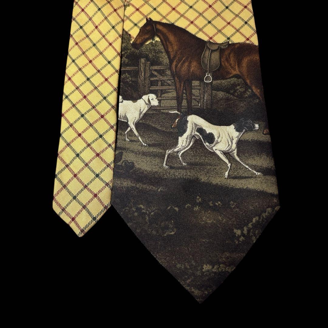 ラルフローレン シルクネクタイ 馬 犬柄 絵画風 クラシックチェック