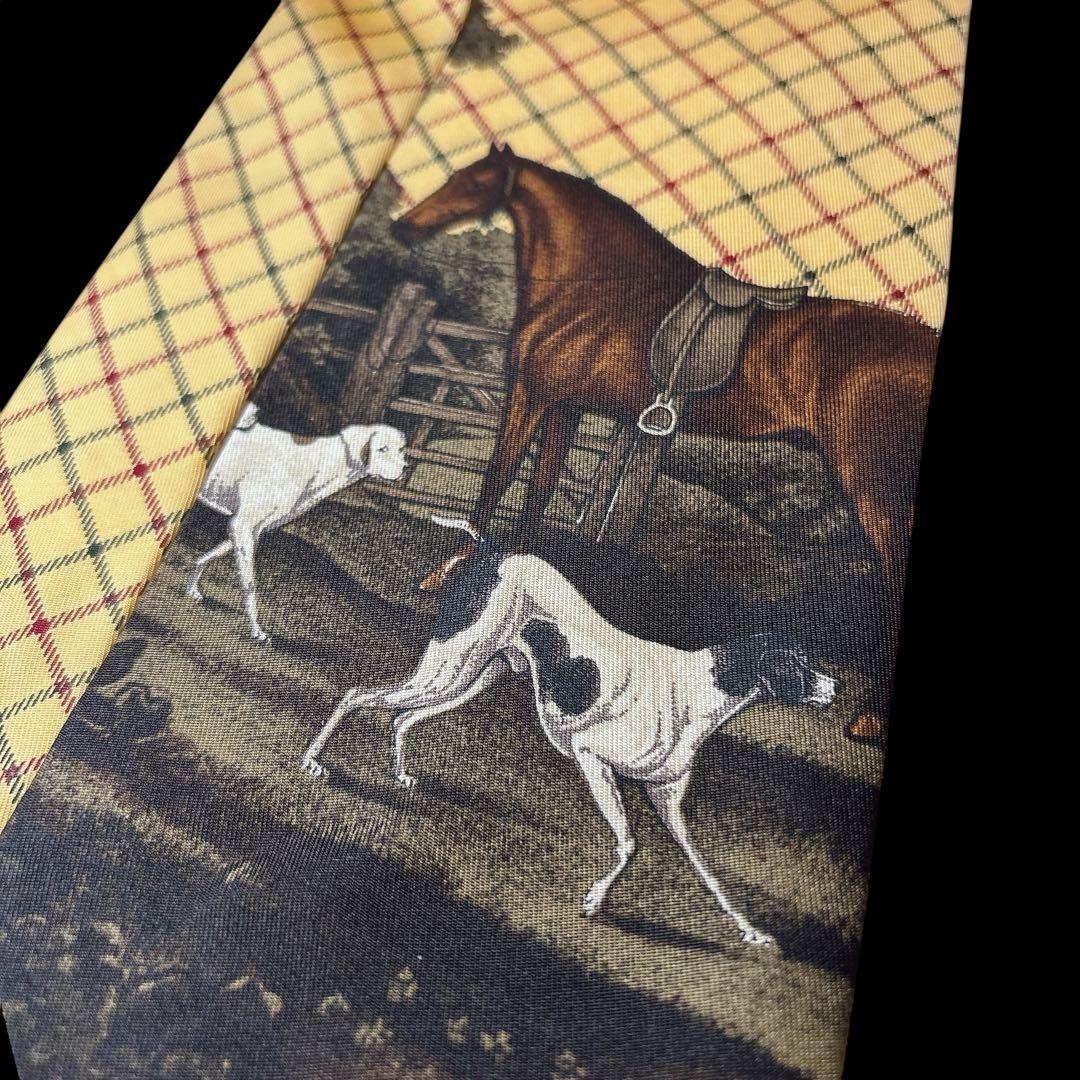 ラルフローレン シルクネクタイ 馬 犬柄 絵画風 クラシックチェック