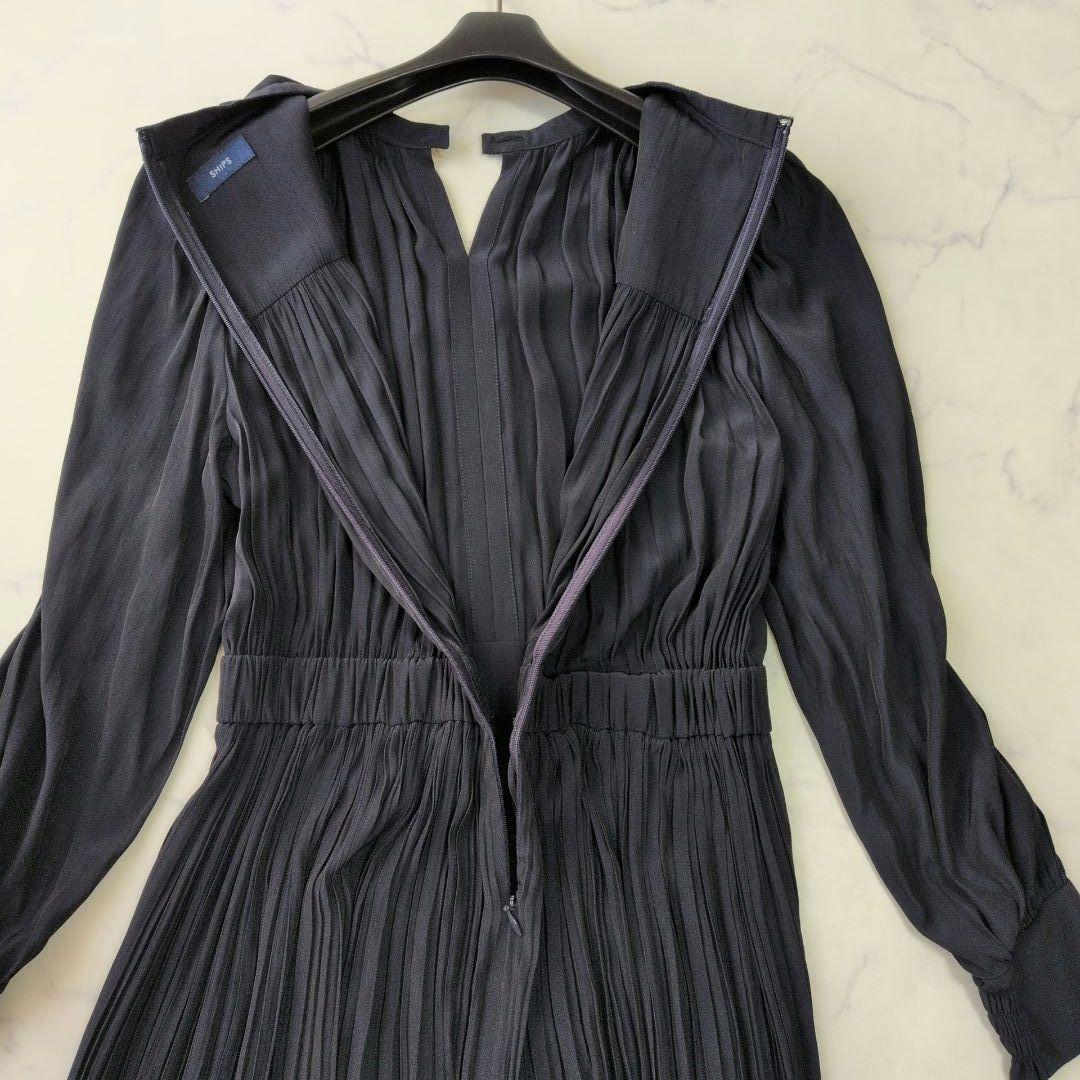 美品✨️SHIPS〈洗える〉プリーツワンピース ネイビー パール 38
