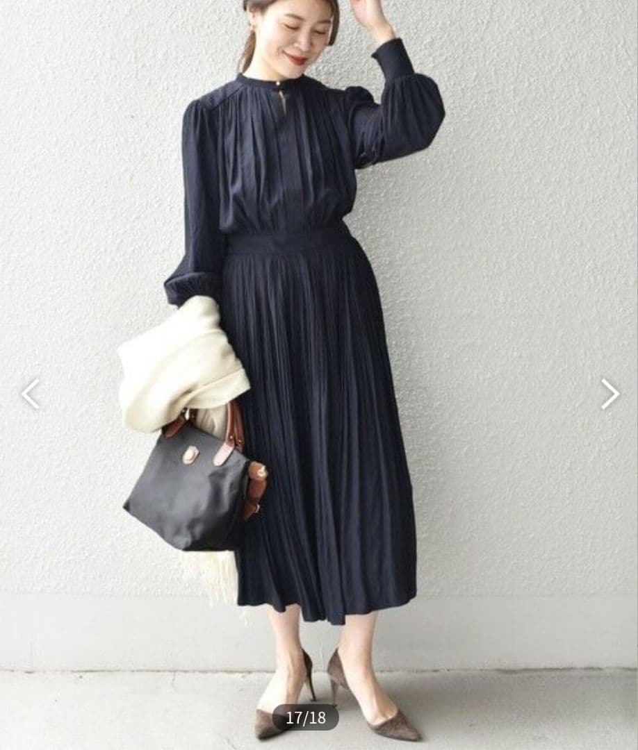美品✨️SHIPS〈洗える〉プリーツワンピース ネイビー パール 38