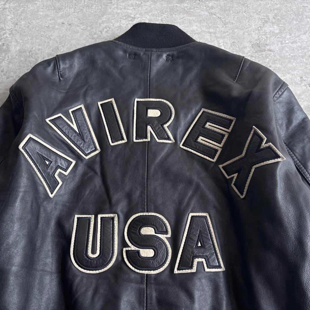 極美品■AVIREX【L】ラムレザー ボンバージャケット アーチロゴ ブラック