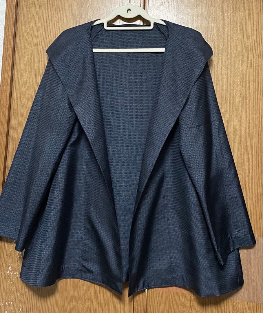 着物リメイク　シンプル　藍色系　大島のAラインフード付きジャケット L〜LL