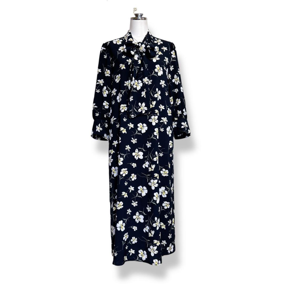 【美品/ナラカミーチェ】花柄リボン衿ワンピース 総柄 ロング 7分袖 ネイビー