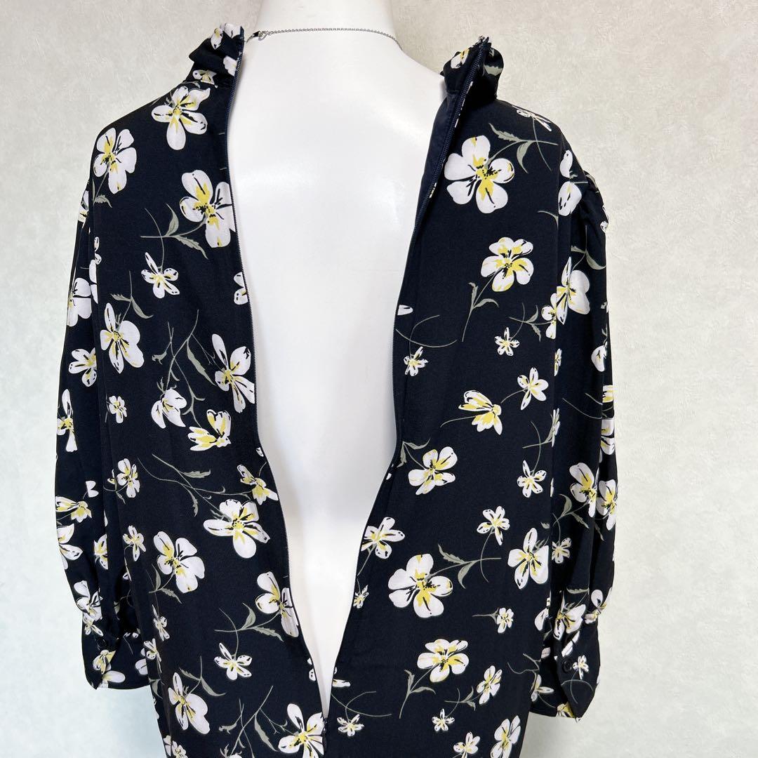 【美品/ナラカミーチェ】花柄リボン衿ワンピース 総柄 ロング 7分袖 ネイビー