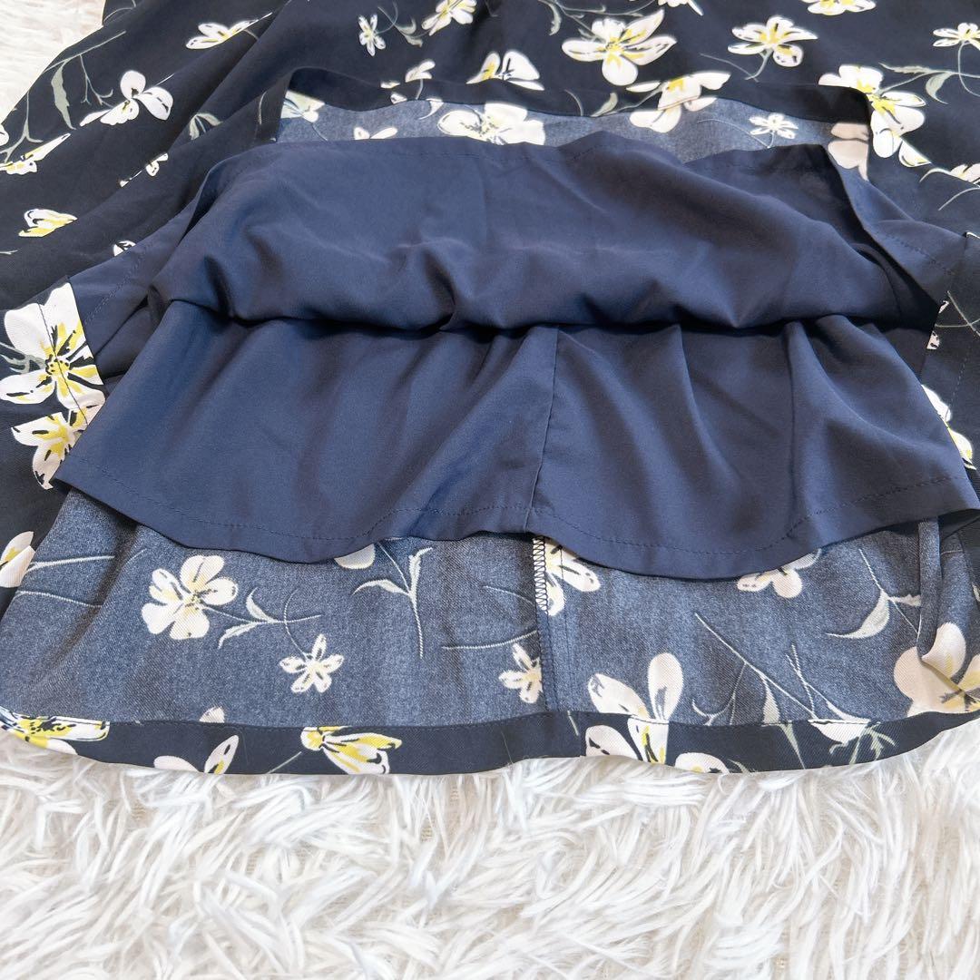 【美品/ナラカミーチェ】花柄リボン衿ワンピース 総柄 ロング 7分袖 ネイビー