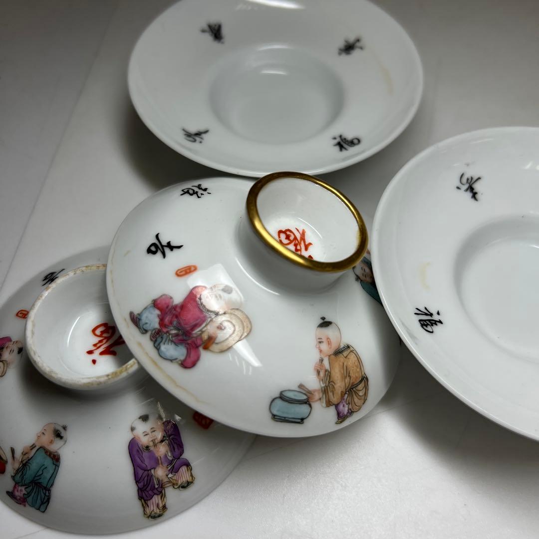 中国美術　景徳鎮　粉彩人物画蓋茶碗2客　高さ約9㎝　東Y8-0203②