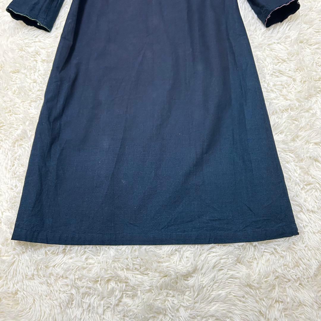 パラスパレス　ロングフレアワンピース　インディゴ　手洗可　七分袖　綿100%